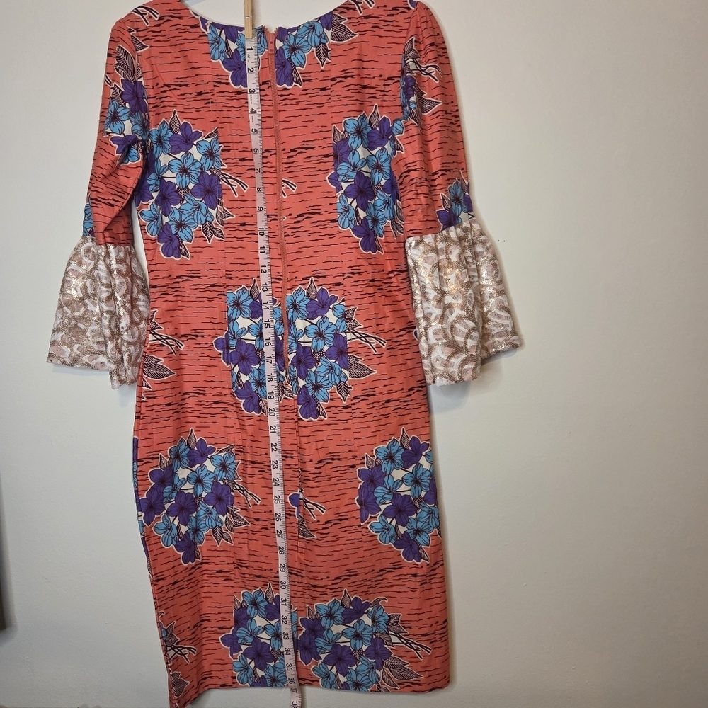 African Ankara Dress Handcrafted Floral Print With Bell Sleeves - Picture 3 of 9